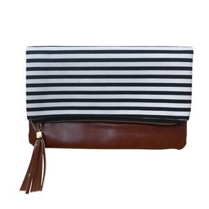 Funky Monkey Striped Canvas Brown Faux Leather Foldover Clutch Tassel